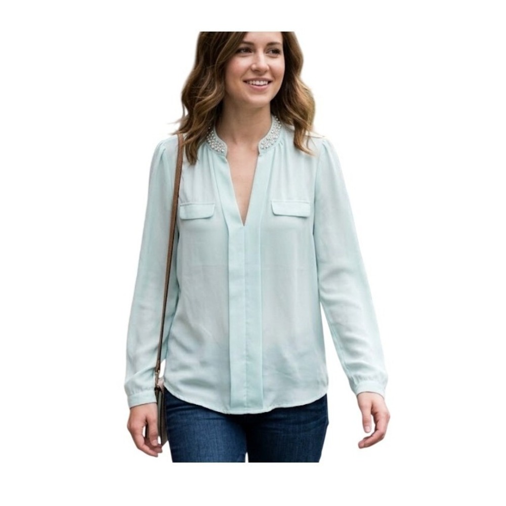 Candie's Pearl Embellished Collar Blouse Mint‎ Green Long Sleeve Pull-Over S